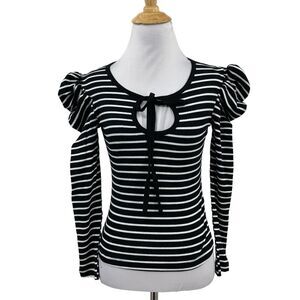 Porridge Top Women 2XS XXS Black White Puff Sleeve Keyhole Stripe Anthropologie